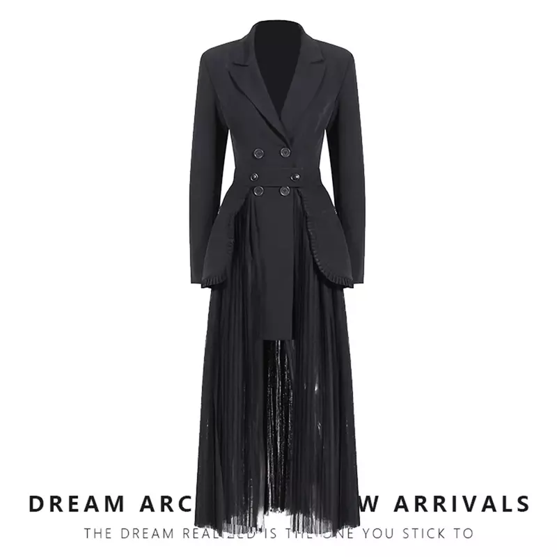 Czarne damskie garnitury zestaw spódnic 2-częściowa marynarka z paskiem + sukienka na studniówkę formalna damska biznesowa długa kurtka płaszcz dwurzędowy