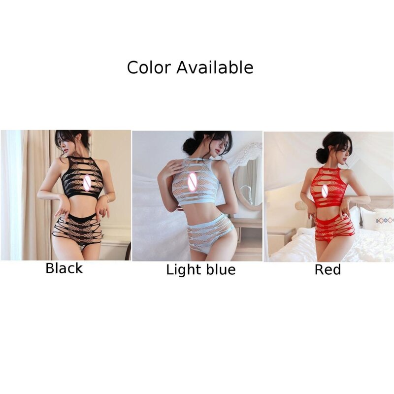 Free size Women Lingerie Fishnet Bodysuit Bikini Bra Set Sexy Mesh Hollow Nightwear Clubwear for 40 70kg Recommended Weight