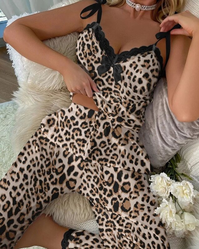 Conjunto cami estampa de leopardo feminino, calça casual, roupa de noite, nova moda, verão