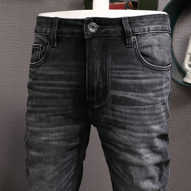 Calças de brim dos homens da moda da tendência europeia retro preto cinza elástico ajuste fino rasgado calças de brim do desenhista do vintage calças de brim hombre
