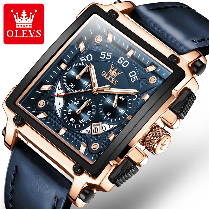 OLEVS-reloj analógico con correa de cuero para hombre, accesorio de pulsera de cuarzo resistente al agua con cronógrafo, complemento Masculino deportivo de marca de lujo con diseño cuadrado en color azul