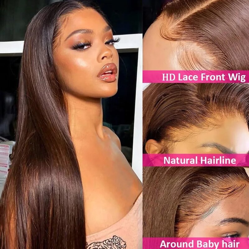 Cheap Straight Lace Frontal Wig Human Hair Chocolate Brown Peruvian Remy Human Hair Lace Front Closure Wigs Preplucked for Women