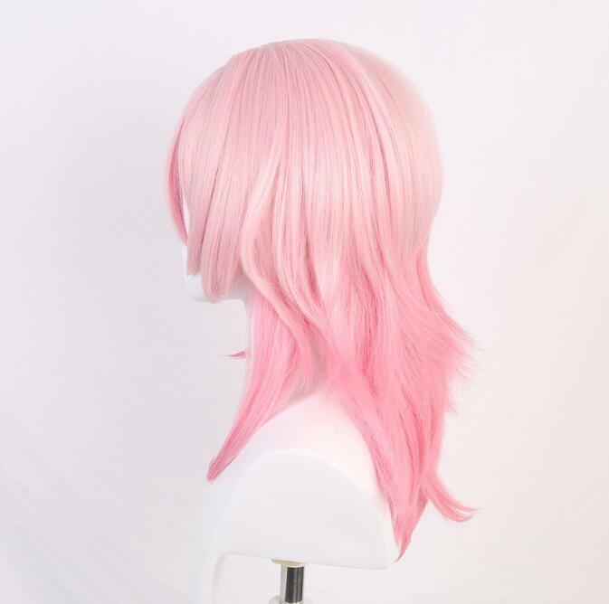 March 7th Wig Cosplay serat sintetis, wig sintetis Honkai Star Rail, Wig cosplay Pink, rambut pendek + Wig rel Star Honkai