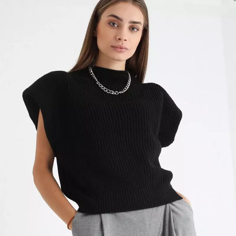 Autumn and Winter 2023 New Women's Solid Sleeveless High Neck Fashion Casual Shoulder Padded Top Sweater Костюм
