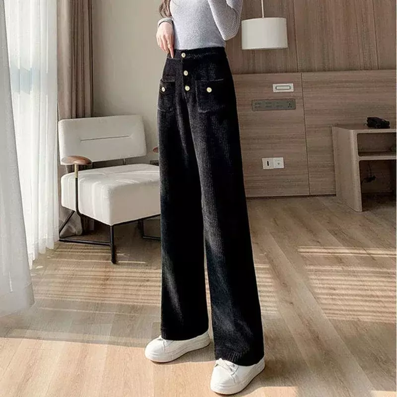 Pantalones rectos de PANA con doble bolsillo para mujer, pantalones versátiles de pierna ancha cálidos, botón informal, moda