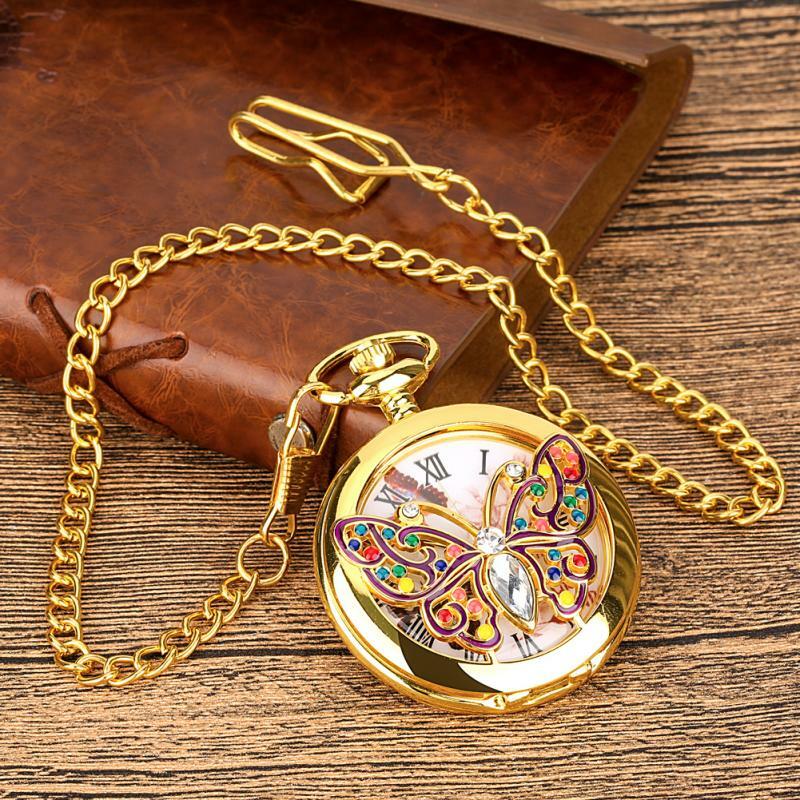 ใหม่ Charming ทองคริสตัลผีเสื้อเพชร-Encrusted ควอตซ์นาฬิกา Elegant ย้อนยุคสำหรับผู้หญิงนาฬิกาสร้อยคอวินเทจนาฬิกาจี้
