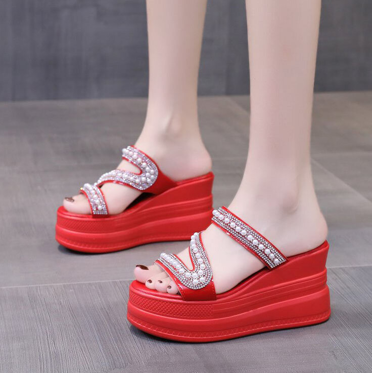 Sandales à talons compensés pour femmes, chaussures d'été à plateforme haute, pantoufles de plage, rouge et blanc