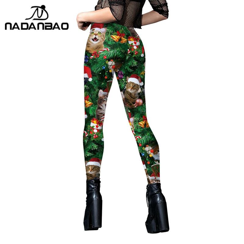 Рождественские леггинсы с принтом кошки Nadanbao, женские пикантные трико, праздничные брюки, модные брюки со средней талией для девочек, эластичные тренировки