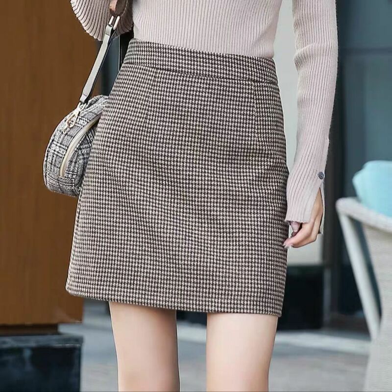 Jesienno-zimowa nowa modna Mini spódniczka w kratę w kształcie linii kobiet wełniana spódnica z wysokim stanem damska codzienna spódnica w stylu Basic