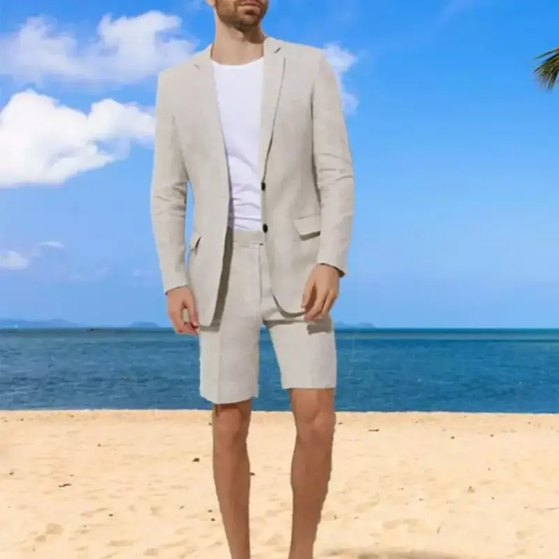 Membuat jaket Linen musim panas dengan celana pendek pasir abu-abu pantai pernikahan untuk pria bernapas ramping pengantin yang disesuaikan