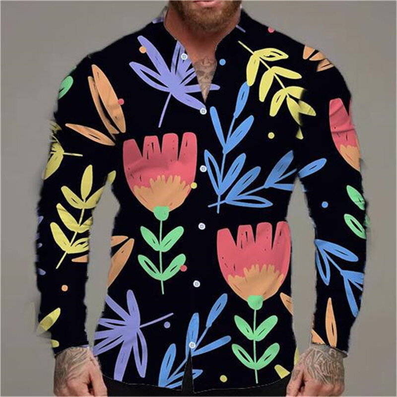 Chemise à manches longues à motif hawaïen pour hommes, vêtements College de fleurs, rue décontractée, chemises de vacances pour hommes, chemisier à revers en Y, 2024