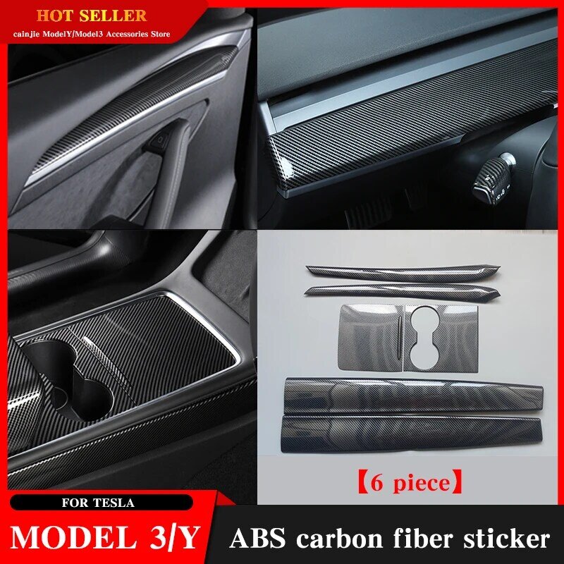 For Tesla Model 3  2023 Accessories Center Console Trim Model Y Carbon Fibre ABS 2022 Car Door Interior Modification Stickers