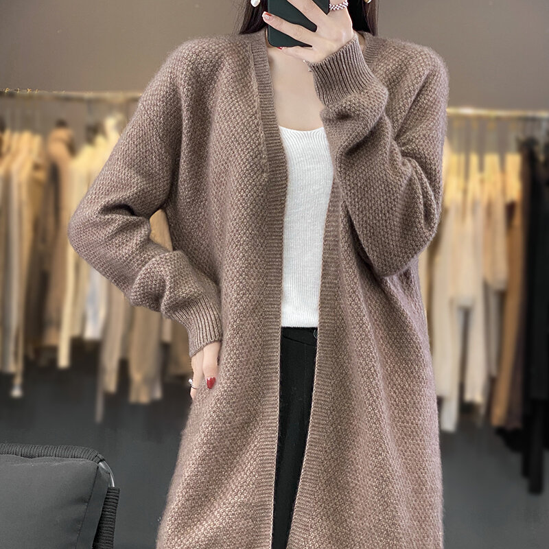 Cardigã de lã monocromático feminino, suéter longo solto, casaco preguiçoso ao vento, estilo coreano, novo para outono e inverno