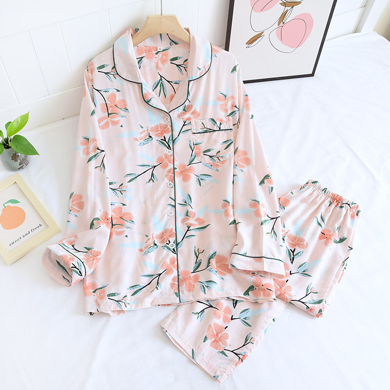 Piżama zestaw kobieta wiskoza lato skręcić w dół klapy spodnie z długim rękawem jesień cienkie gładkie drukowanie reszta ubrania dwuczęściowy spania