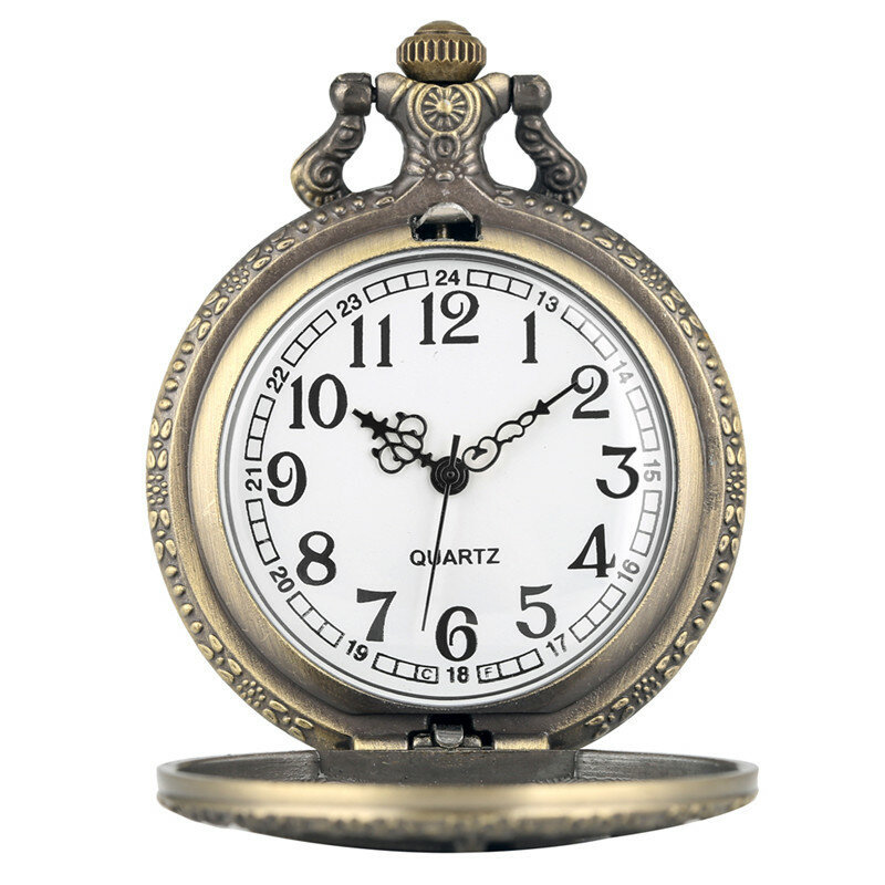 Antyczne rzeźbione Instrument muzyczny projekt brązowy zegarek kwarcowy kieszonkowy dla mężczyzn kobiety pełna Hunter zegar z naszyjnik łańcuch pamiątka