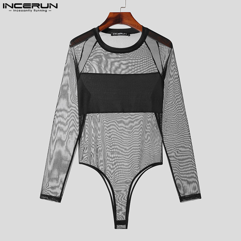Incerun-Patchwork de malha masculino O-pescoço Bodysuit de manga comprida, macacão sexy, camisetas masculinas, moda fitness transparente, 2023