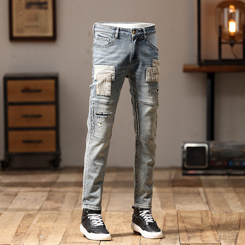 Ностальгические ретро байкерские джинсы мужские лоскутные уличные облегающие зауженные вышитые мужские Красивые Индивидуальные брюки