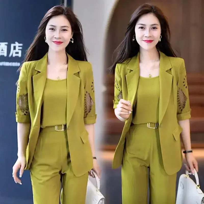 2024 New Vintage Hollow Short Sleeve Jacket with Tank Top Casual Pants Three Piece Elegant Women's Pants Suit Office Set