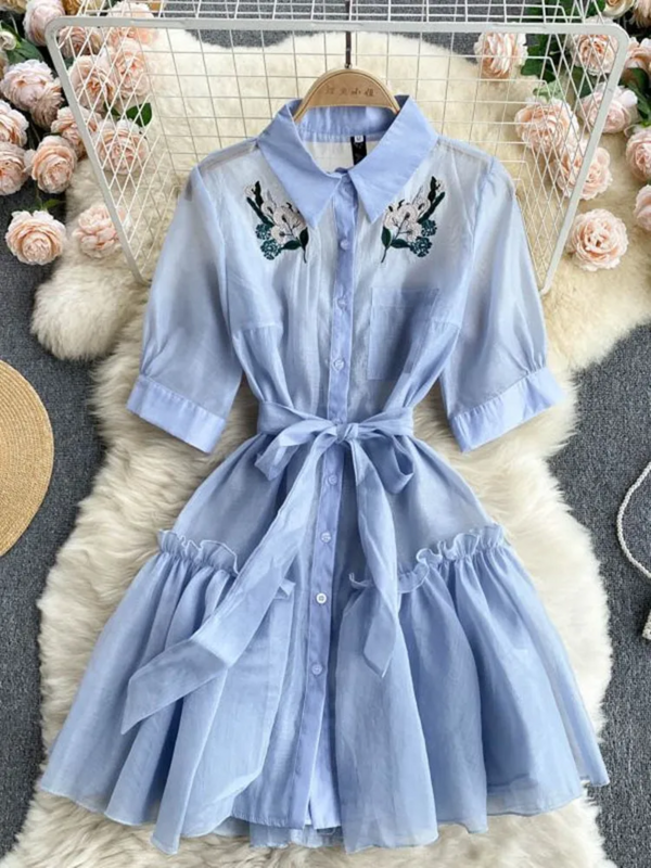 New Summer Fairy Flower ricamo Sweet Dress donna mezza manica monopetto camicia Lace Up Short A Line Vestidos con Sling