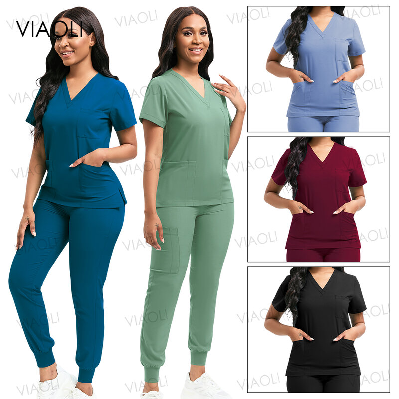 Uniforme de enfermagem de manga curta para mulheres, roupas de bolso com decote em v, calças e top respirável, novo conjunto de roupas médicas macias