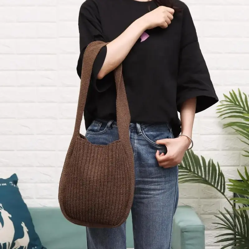 PLB01 modne damskie z wcięciem, tkany torby na ramię o dużej pojemności szydełkowe torebki dziewiarskie kobieca torba na zakupy
