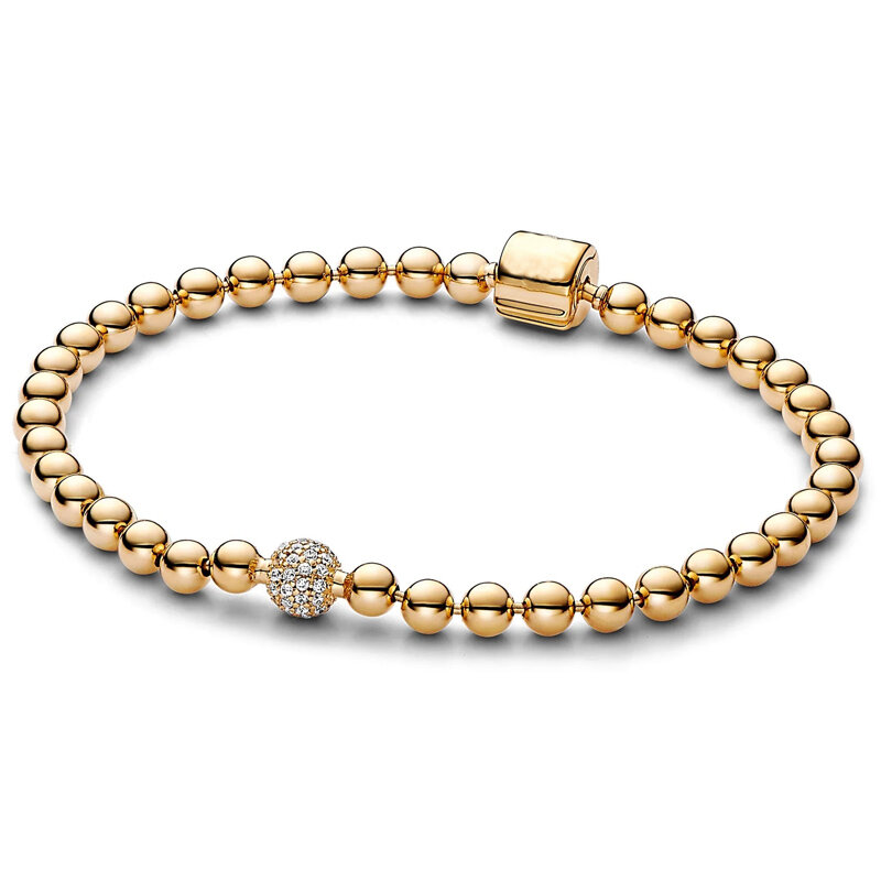 Perles brillantes en or rose et cristal pavé coulissant, bracelet en argent regardé 925, convient au bracelet jonc original, perle de charme, bijoux de bricolage, mode