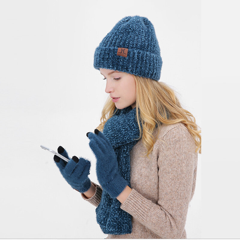 Ensemble de gants et écharpes pour femme, bonnet épais et chaud, en Chenille, tricoté, 3 pièces, collection hiver 2022