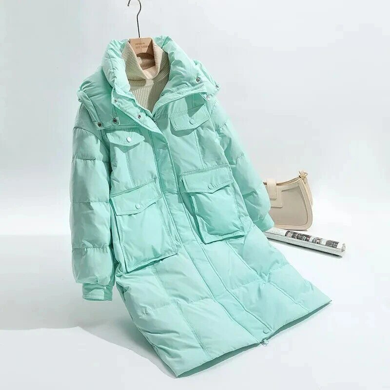 Zagęszczony puchowa kurtka bawełniana damski 2023 nowy koreański luźny płaszcz zimowy z kapturem usztywnianym płaszcze damskie odzież wierzchnia w jednolitym kolorze ciepły płaszcz
