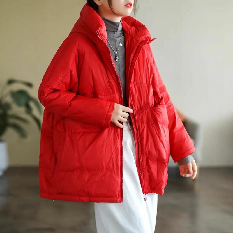 Mantel wanita musim dingin, jaket wanita musim dingin 90 putih bebek, tali serut kualitas tinggi, jaket hangat longgar gaya Korea