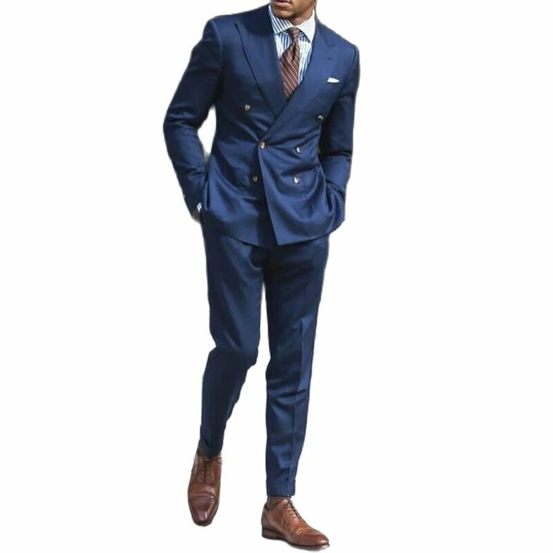 Double Breasted Navy Blue Men's Suits Blazer Peaked Lapel 2 Piece Jacket Pants Formal Office Luxury Male Clothing Costume Homme
