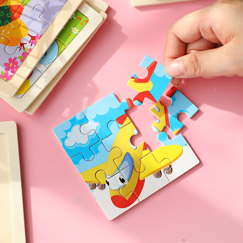 Montessori Educatieve Houten Puzzel Spelletjes Voor Kinderen, Met Cartoon Dieren En Voertuig Patronen (11Cm/4.33in)