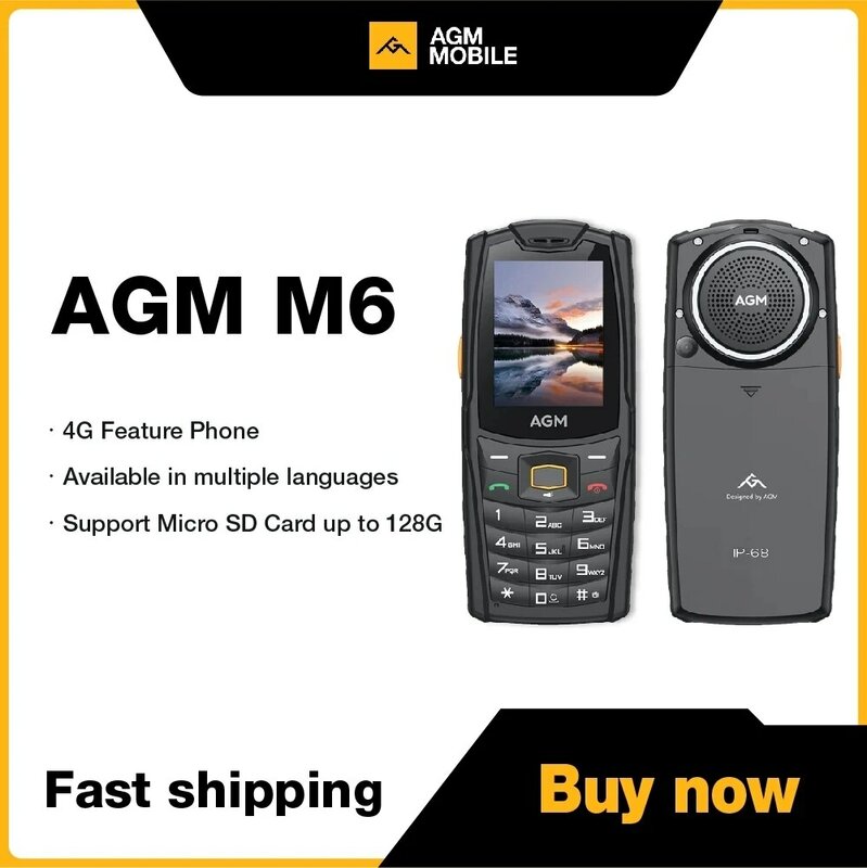 AGM M6 견고한 휴대폰 4G, IP68 푸시 단추 키패드, 2500mAh 듀얼 SIM 기능, 시니어용 셀룰러