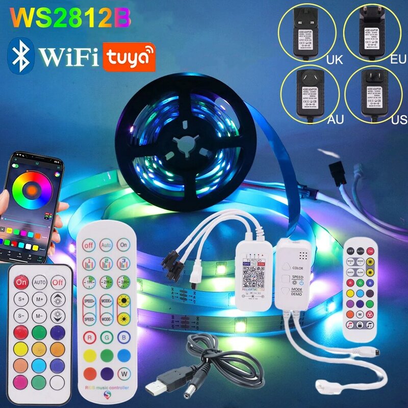WS2812B LED 스트립 라이트 5V 18LED/m 1M-10M RGB LED 테이프, 투야 와이파이 블루투스 원격 제어 TV 백라이트 홈 데코 + 전원 어댑터
