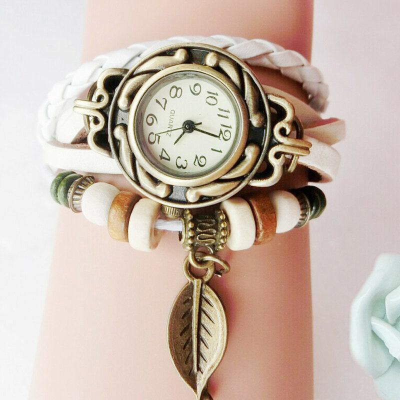 Часы-браслет женские кожаные в стиле ретро с подвеской в виде листьев