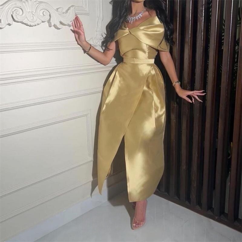 Gaun Prom bahu terbuka emas gaun malam panjang teh Spilt samping gaun pesta Formal wanita Arab Saudi