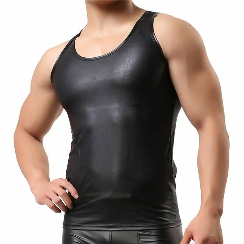 เสื้อกล้ามหนัง PU สุดเซ็กซี่สำหรับผู้ชาย, เสื้อทรงปลอกยางยืดทรงฝักสุดเซ็กซี่เสื้อยืดยางเนื้อนุ่มยืดหยุ่นชุดชั้นในรัดรูป