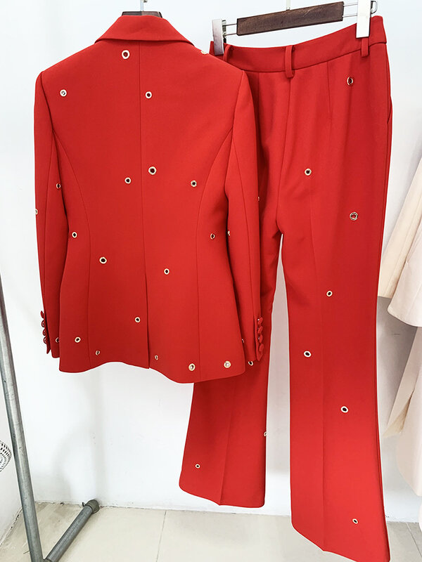 2024 FW Дизайнерский Модный подиумный костюм, женский облегающий костюм на одной пуговице, блейзер с заклепками и люверсами, пиджак, брюки, костюм