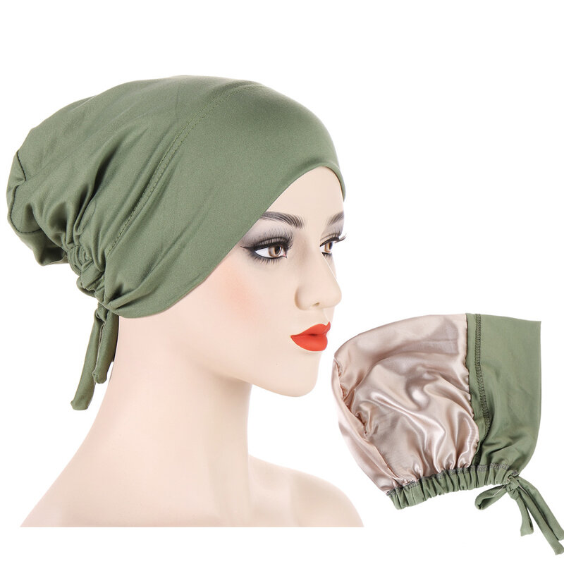 Dwuwarstwowa satynowa czapka z hidżabu dla kobiet, Islam Undercap z krawatem, natychmiastowy hidżab, szaliki tureńskie, muzułmański Turban, Bandana