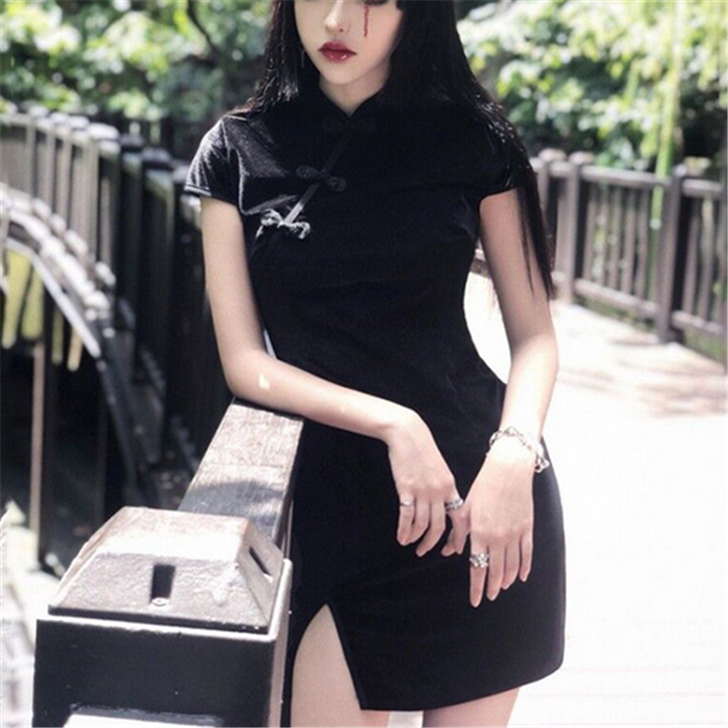 Cheongsam gaun kurus wanita, baju Pesta tahun baru lengan pendek/penuh gaya Gotik Satin 3 warna