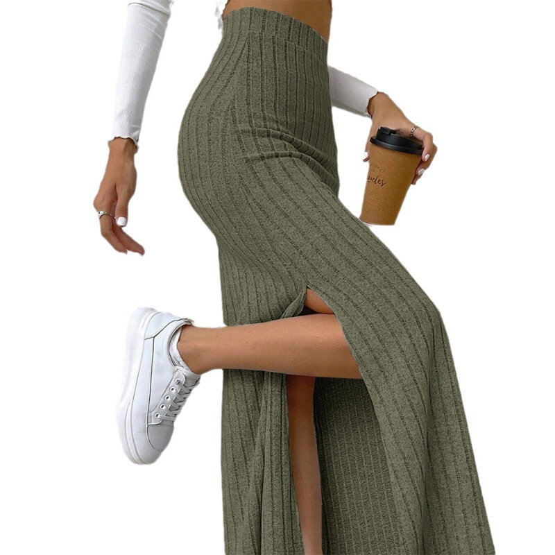 Falda de punto con abertura lateral de cintura alta para mujer, media falda elástica delgada Sexy, ropa de calle, primavera y verano, Color sólido