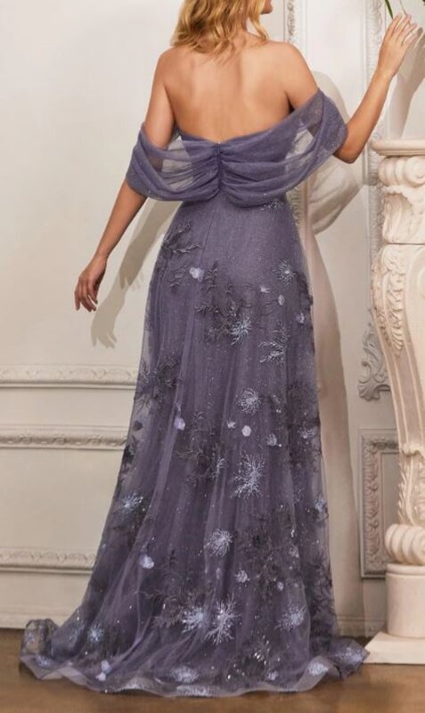 A-Line Tulle Off Shoulder Sweetheart Motif Embroideries Floor Length Prom Dress Vestido de Fiesta