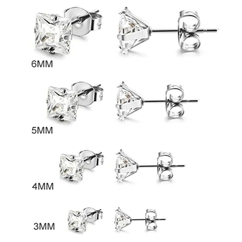 8 Pairs of Stainless Steel Men's and Women's Stud Earrings Set Perforated Cubic Zirconia Earrings 3mm-6mm Optional