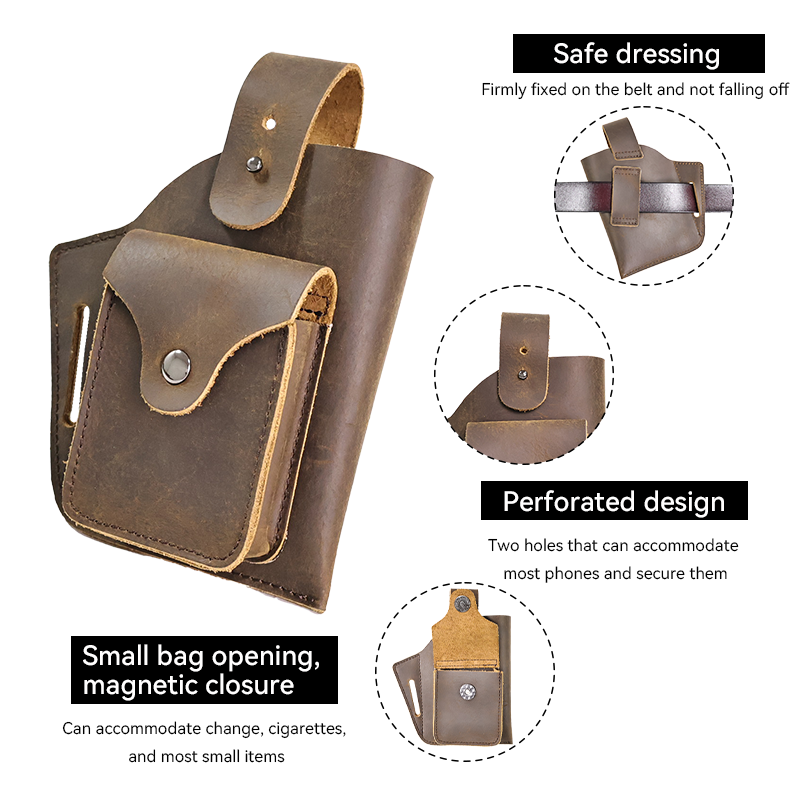 RIYAO Genuine Leather fanny pack For Men Waist Bag Vintage Cowhide Cell Phone Belt Holster Case Male Wallet Pocket Cigarette Bag