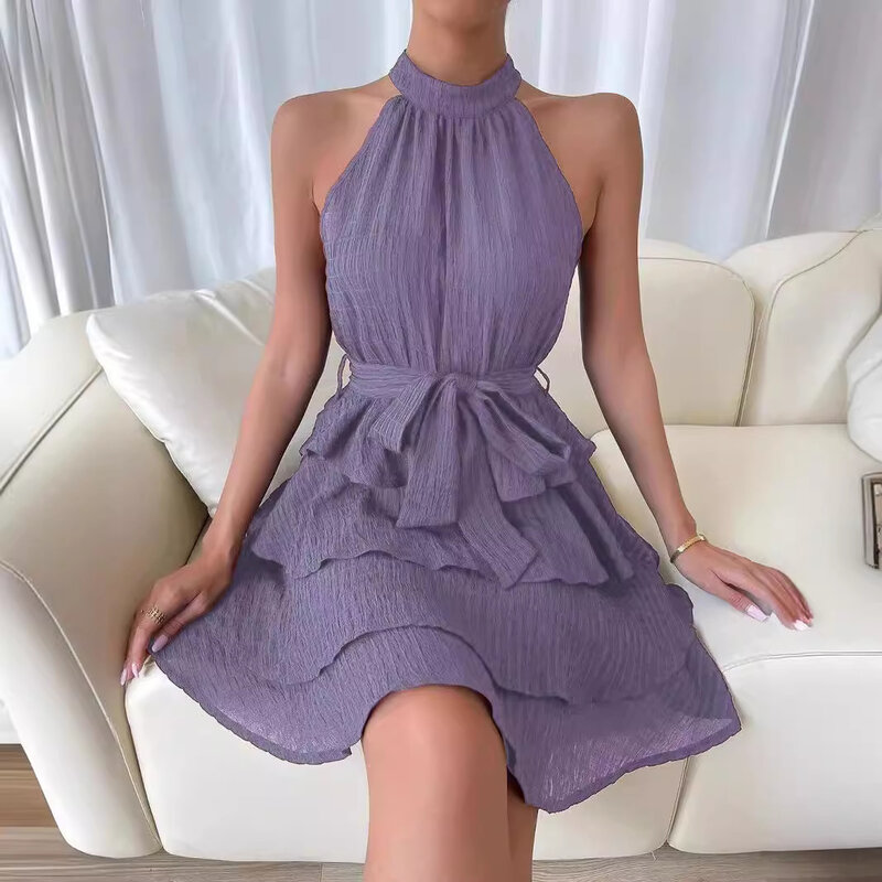 Damen einfarbig Rüschen Design Kleid Neck holder Kleid lässig süß Stil Kleid elegant ärmelloses Kleid Damen Sommerkleid