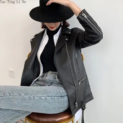 Tao Ting Li Na-chaqueta de cuero de oveja auténtica para mujer, chaqueta suelta de longitud media para motocicleta, R15