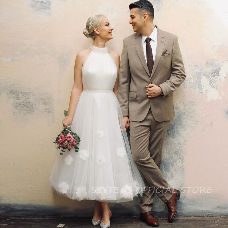 Vestido De novia De satén con cuello Halter para mujer, traje De novia sencillo De línea A, largo hasta el té, vestido De fiesta De compromiso, bata De Madre De Marie, 2024