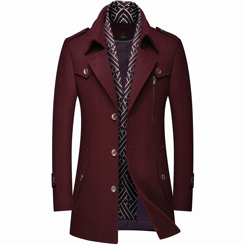남성용 겨울 모직 코트, 두꺼운 중간 길이 트렌치, 단색 턴 다운 칼라, 따뜻한 겉옷, 비즈니스 캐주얼 울 코트, 패션
