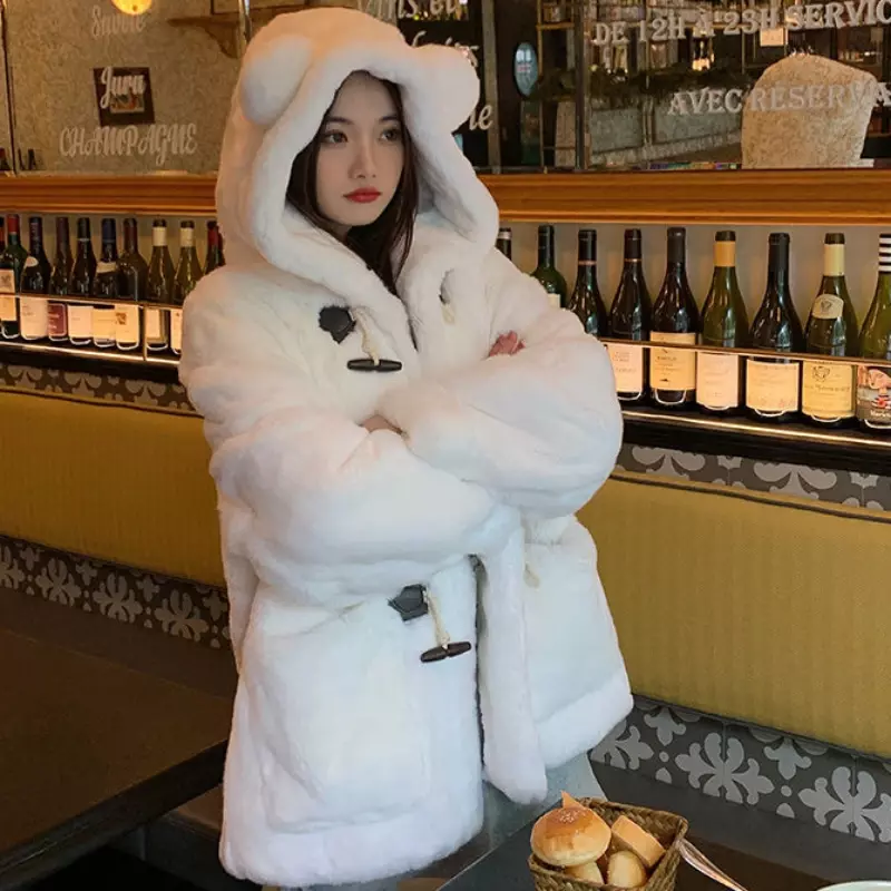 Abrigo de piel sintética con capucha para mujer, abrigo suelto de imitación de conejo Rex, grueso, cálido, con botones de cuerno, Color sólido, a la moda, para invierno