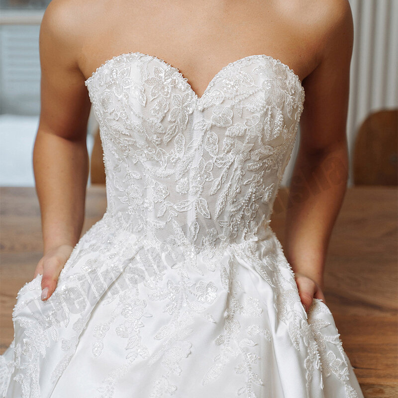 Elegant Satin Wedding Dress for Women Detachable Off The Shoulder Sweetheart Neck Sequined Applique A Line Bridal Gown Pockets