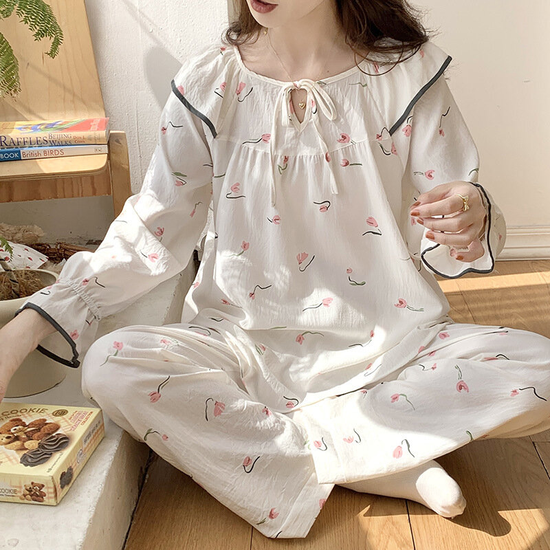 ชุดนอนผู้หญิงสไตล์เกาหลีแขนยาวพิมพ์ลายใหม่ชุดนอนผ้าฝ้ายใส่ในบ้านสำหรับฤดูใบไม้ร่วงและใบไม้ผลิ